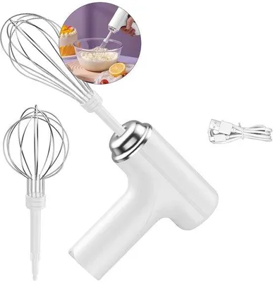 Immagine prodotto di Frullatore elettrico da tavolo, portatile, adatto per frullare alimenti, bianco, alimentato a batteria.