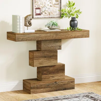 Produktbild von Tribesigns Konsolentisch, 108 cm schmaler Sofa-Beistelltisch Holz hinter der Couch mit platzsparendem geometrischem Sockel, Flurtisch (helle Eiche)