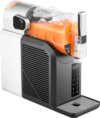 A slush machine filled with an orange beverage, shown from a three-quarter angle on a white background.