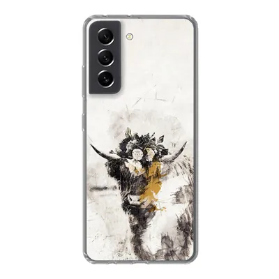 Produktbild von MuchoWow® Handyhülle Schutzhülle Hülle für Samsung Galaxy S21 FE Schottischer Highlander - Farbe - Blumen Silikon Softcase Handy Hülle - Mobiltelefonhülle