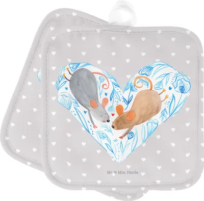 Produktbild von Mr. & Mrs. Panda Topflappen Mäuse Herz - Grau Pastell - Geschenk, Kochlappen, topfhalter, für Immer, glücklich, Topfuntersetzer, Verlobung, Set, Freundin, Topflappenset