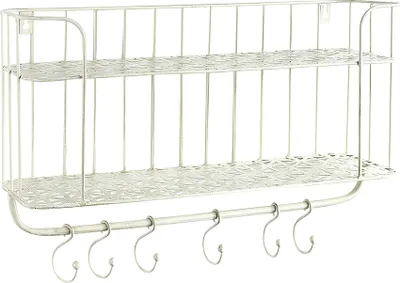 Produktbild von Kobolo Wandregal Hängeregal Küchenregal - 6 Haken - Metall - Weiß Creme - 50x16x34 cm - Paneel Wall Shelf Wardrobe Halter Regal Ablage Wandboard Deko