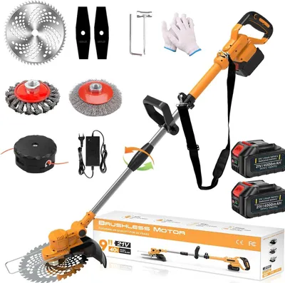 Produktbild von Akku Rasentrimmer mit 2× 4000mAh Akkus, 750W leistungsstarker Freischneider für Gartenarbeit, Rasentrimmer mit Unkrautbürste & Fugenbürste | Orange