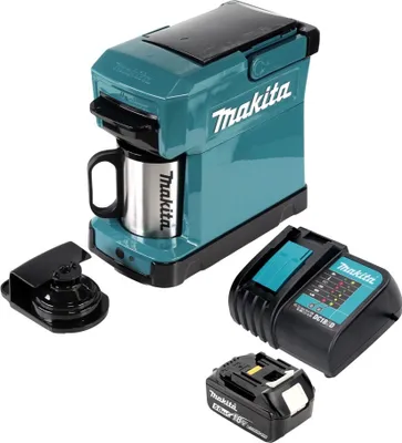 A battery-powered portable coffee maker with a travel mug and accessories.