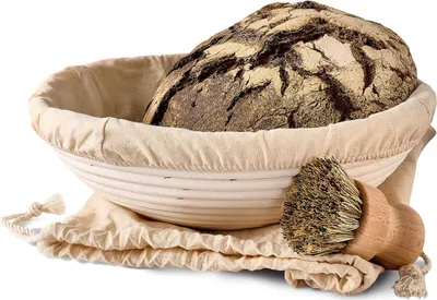 Produktbild von Gärkorb zum Brotbacken - Aus nachhaltigem Rattan - Rund - 30cm - Set inkl. Bürste, Leineneinlage & Brotbeutel - Geruchsneutral