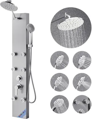 Produktbild von Duscharmöglichkeit 3 in 1, mit Regenwassertankkopf, 124 cm Kolonnenrohr aus geborsteltem Edelstahl, Wandmontierte Massageeinheit mit Handbrause und 6 Massagestrahlen