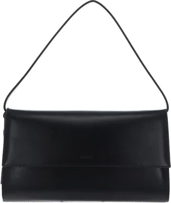 A black clutch bag with a thin strap, presented against a white background.