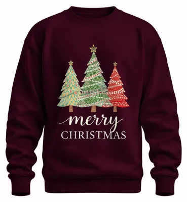 Imagen del producto de Feliz Navidad. Sudadera con cuello redondo y diseño navideño, con motivos de árboles de Navidad, en color burdeos, uni, talla M