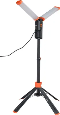 A portable work light with a tripod stand, shown against a white background.
