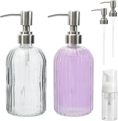 Produktbild von Set aus 2 Glasspendern, 14 Unzen (≈414 ml), mit 2 Edelstahlpumpen und einer nachfüllbaren Aufschäumflasche für die Küche