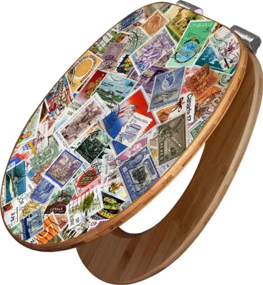 Produktbild von banjado Design WC Sitz Bambus Absenkautomatik -Briefmarken - Toilettendeckel mit Absenkautomatik Holz/hochwertiger Bambus Klodeckel/WC-Sitz für alle gängigen Toiletten [TDB2 10123]