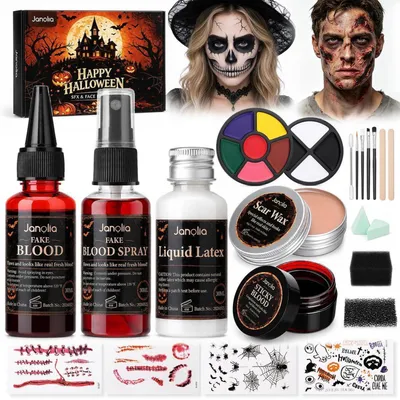 Zdjęcie produktu dla Zestaw do charakteryzacji na Halloween, zawierający farbę do twarzy, sztuczną krew, wosk do tworzenia blizn i lateks w płynie