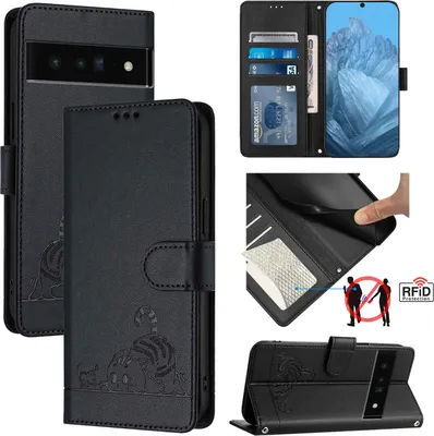 Produktbild von Leder Hülle für Google Pixel 6 Pro Süße Katze Flip Case Brieftasche Schutzhülle mit Standfunktion Schwarz