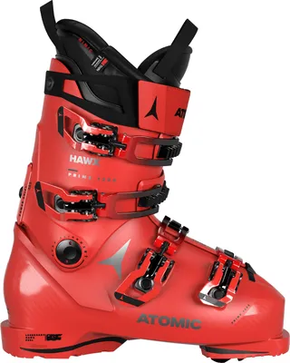 A red Atomic HAWX PRIME 120 S GW ski boot is shown against a white background.