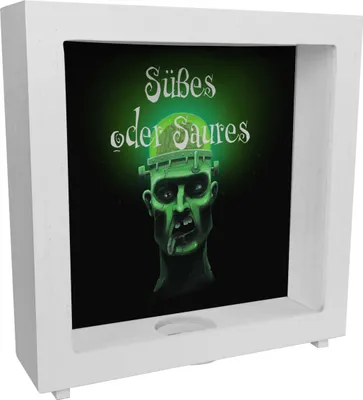 Produktbild von Rahmen Spardose aus Holz mit gruseligem Zombie Motiv und Spruch - Süßes oder