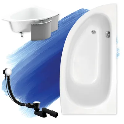 Zdjęcie produktu dla Wanna Akrylowa Zestaw 4w1 Asymetryczna 150x70 Prawa Biała + Zabudowa Styropianowa, Nowoczesny Syfon i Nogi (stelaż) w komplecie | BADLAND MILENA