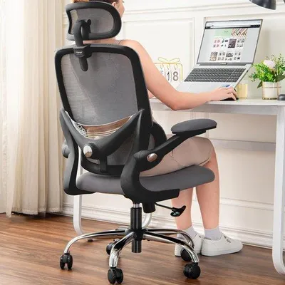 Zdjęcie produktu dla Ergonomiczne krzesło biurowe, obrotowe, z wysokim oparciem z siatki, regulowanym podparciem lędźwiowym, składanymi podłokietnikami, zdejmowanym podgłówkiem