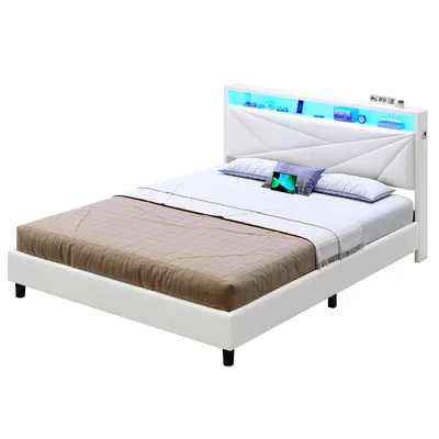 Image de Lit KIMENICH 160 x 200 avec éclairage LED, lit rembourré avec prises électriques, tête de lit avec rangement, sommier à lattes, chambre à coucher,Polyuréthaneblanc