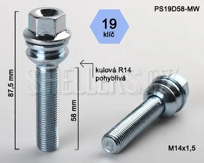 Obrázek produktu pro Kolový šroub M14x1,5x58 koule R14 pohyblivá, klíč 19, PS19D58R14-MW ; výška 87,5