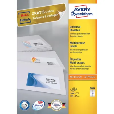 Imagen del producto de AVERY 3484-100.FR. Etiquetas adhesivas multiuso AVERY, 105 x 37 mm, color blanco