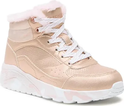 A single gold high-top sneaker with pink fur trim and white laces is shown against a white background.