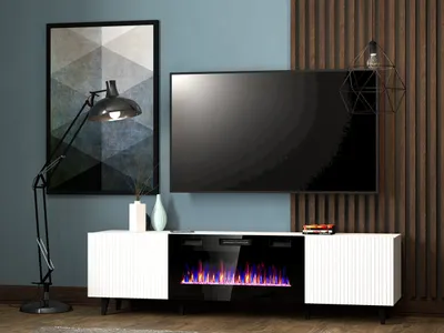 Produktbild von TV Lowboard Fernsehtisch  PAFOS 180 mit Kamin weiß TV Schrank mit 2 Türen