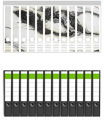 Produktbild von Wallario 12 Stück schmale Ordner inkl. Klebeetiketten mit Motive Schwarz-Weiße Marmor-Optik -  Set mit Rückenschildern / Ordnerrücken Stickern