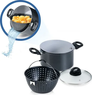 Produktbild von Genius Cerafit Magic Pot Kochtopf-Set 20cm - Topf 3,7l mit Siebeinsatz & Glas-Deckel für einfaches Kochen, Drehen, Dünsten & Servieren; A24661
