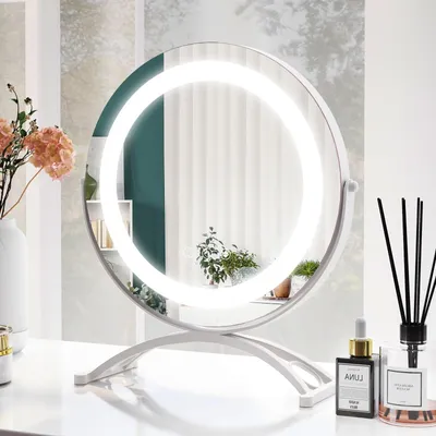 Produktbild von Kozmetické zrkadlo s LED osvetlením, 3 nastavenia jasu, smart touch, zrkadlo na líčenie φ30 cm, stojace stolové zrkadlo otočné o 360°, pamäťová funkcia