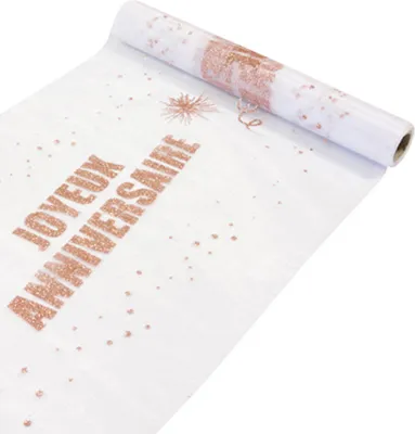 Zdjęcie produktu dla Bieżnik organza Happy Birthday różowe złoto 29 cm x 5 m – rozmiar uniwersalny