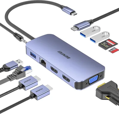 Produktbild von BENFEI Docking Station USB C MST Hub 3*Display- 11 in 1, USB C HUB mit 2HDMI 4K/VGA/5Gbps 3 x USB 3.0/SD/TF Card Reader/