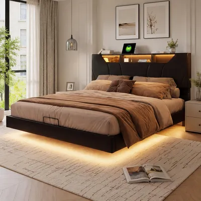 Image de Lit rembourré INONEFT, lit suspendu 140x200 cm avec éclairage LED, ports USB et Type-C, lit double avec système hydraulique et espace de rangement, lit pour adolescents multifonctionnel avec sommier à lattes, revêtement enPolyuréthanenoir
