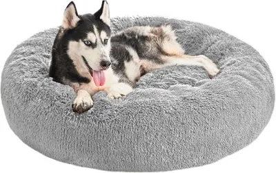 Produktbild von Domarex Hundebett rund für kleine und große Heimtiere, 90 cm, weiches Katzenbett DOGGURU bequem Donutbett für Hunde und Katzen - grau