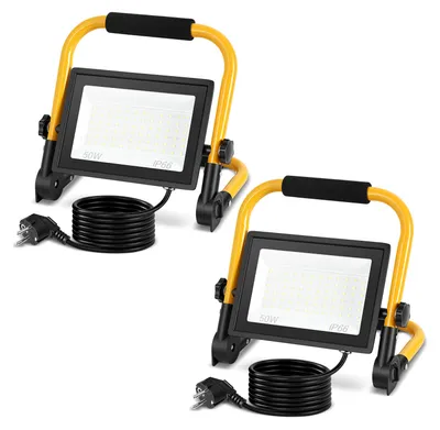 Image de ISOISL, 2 projecteurs LED de 50W, 4000 lumens, lumière blanche froide (6500K), indice de protection IP66, avec pied et câble d'alimentation de 3 mètres. Projecteur LED, éclairage de chantier, idéal pour les chantiers et les jardins