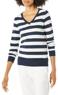 Produktbild von A. Essentials Damen Leichter Langarm-Pullover Mit V-Ausschnitt, Marineblau Weiß
