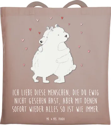 Produktbild von Mr. & Mrs. Panda Jutebeutel Eisbär Umarmen - Braun Pastell - Geschenk, Shopping Tasche, Schultasche, Tote Bag, Uni, Lustige Sprüche, Laptoptasche