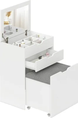 Imagen del producto de Tocador - Mesa de maquillaje - Espejo plegable - Cajón y 7 compartimentos - Taburete oculto, acolchado y con espacio de almacenamiento - Ideal para espacios pequeños - Blanco