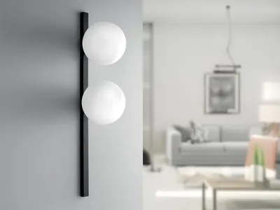 Produktbild von Große LED Wandleuchte, Schwarz - 2 Glaskugeln Opalweiß, Höhe 60cm Wohnzimmer