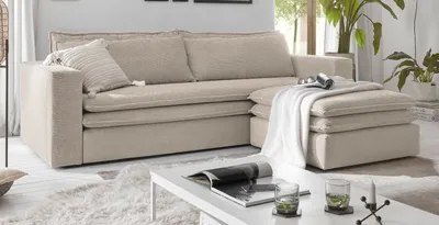 Produktbild von Sofa Set "Pesaro" in beige Cord Couch 3-Sitzer mit Bettfunktion und Hocker