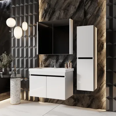 Produktbild von KAREN banyo Badmöbel Set Venus 80 Weiß | Keramikwaschbecken | Unterschrank | Spiegelschrank | Softclose-Türen & unsichtbare Griffe | Futuristischer Stil | Badezimmermöbel Waschtischunterschrank