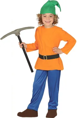 A child dressed in a dwarf costume holding a pickaxe.