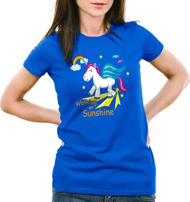 Produktbild von style3 Unicorn Walking on Sunshine Damen T-Shirt Einhorn, Farbe:Blau, Größe:S