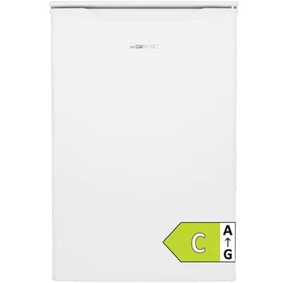 A white Clatronic freezer with an energy efficiency label.