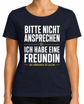 Immagine prodotto di T-shirt da donna, colore blu navy, taglia L. Scritta: "Non parlatemi, ho una fidanzata." (Stile: sarcastico)