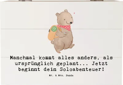 Produktbild von Mr. & Mrs. Panda Holztruhe Spruch Scheidung Soloabenteuer 22 x 15 cm - Weiß - Geschenk, Truhe, Schatzkiste, Erinnerungskiste, inspirierende Zitate, Heirat, Geschenkbox