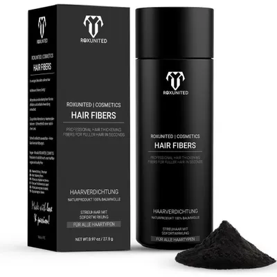 Produktbild von ROXUNITED Streuhaar & Haarpuder, Für Männer & Frauen, Perfekt zur Haarverdichtung & als Haarauffüller, Schwarz, 27,5 g