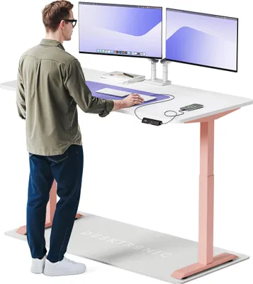 Zdjęcie produktu dla Desktronic HomeOne elektryczne biurko z regulacją wysokości 160x80cm różowo-białe z funkcją pamięci, technologią antykolizyjną, portami ładowania USB-A i USB-C