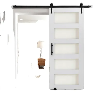 Image de Porte coulissante VEVOR de style grange Système de porte coulissante (914 x 2134 mm) en panneaux MDF haute résistance et verre dépoli, porte de grange avec kit de quincaillerie, surface PVC imperméable et cadre en H pour salle de bains