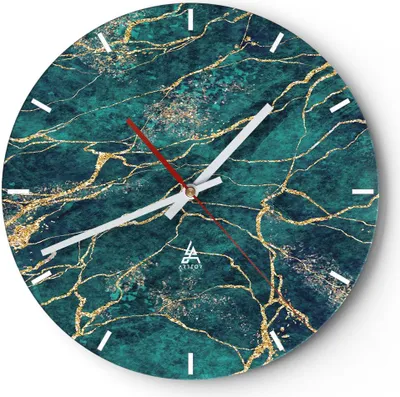 Produktbild von Wanduhr - Rund - Glasuhr - Abstraktion Gold Türkis - 40x40cm - Schleichendes Uhrwerk - Lautlos - zum Aufhängen bereit - Dekoration Modern - Wanddekoration aus Glas - C3AR40x40-4564