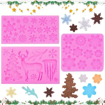 Immagine prodotto di 3 stampi in silicone a tema natalizio: fiocchi di neve, alci, ideali per decorare torte, cioccolatini e dolcetti